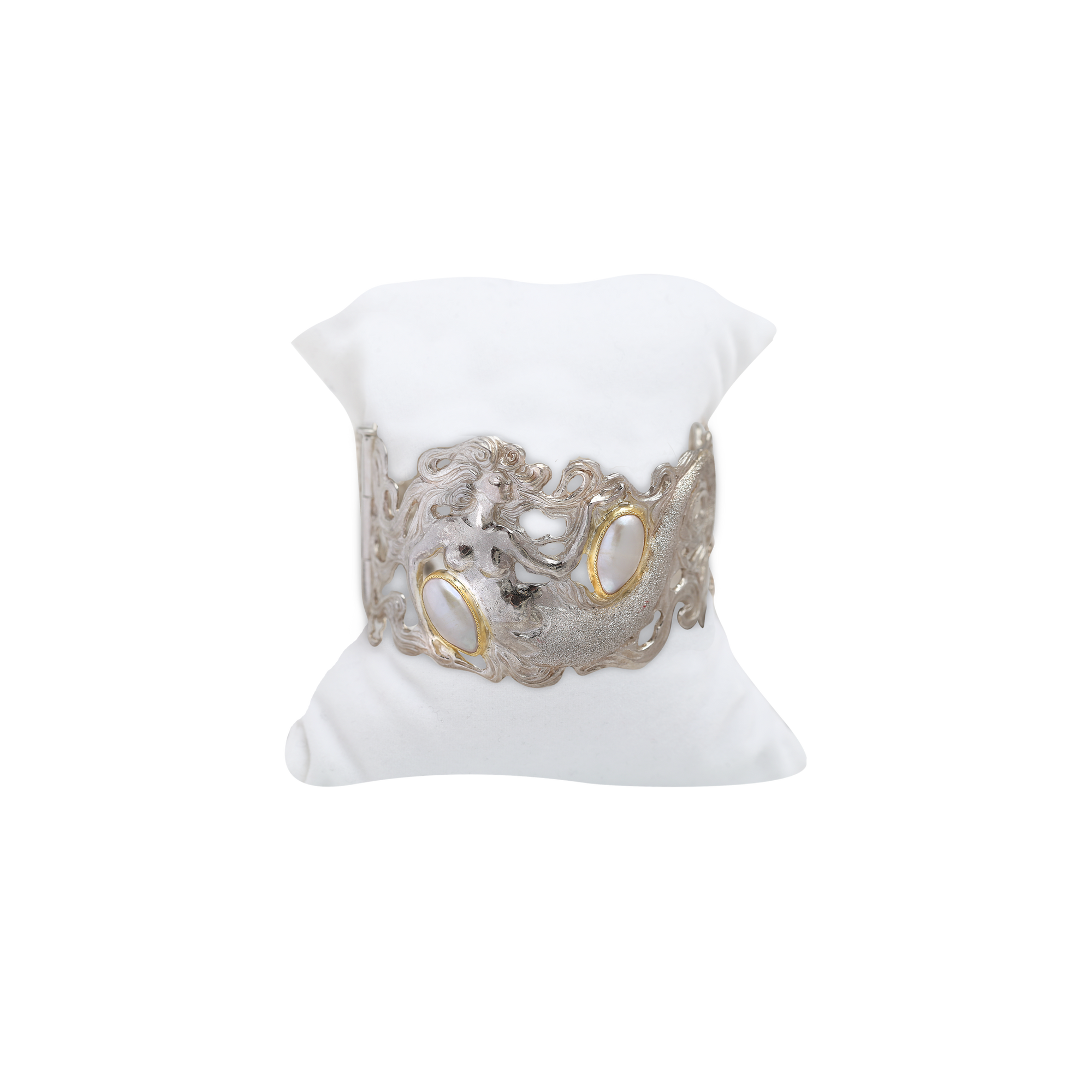 Sterling silver mermaid bracelet with mother-of-pearl accents, flowing wave motifs, and gold-plated details inspired by Art Nouveau design.