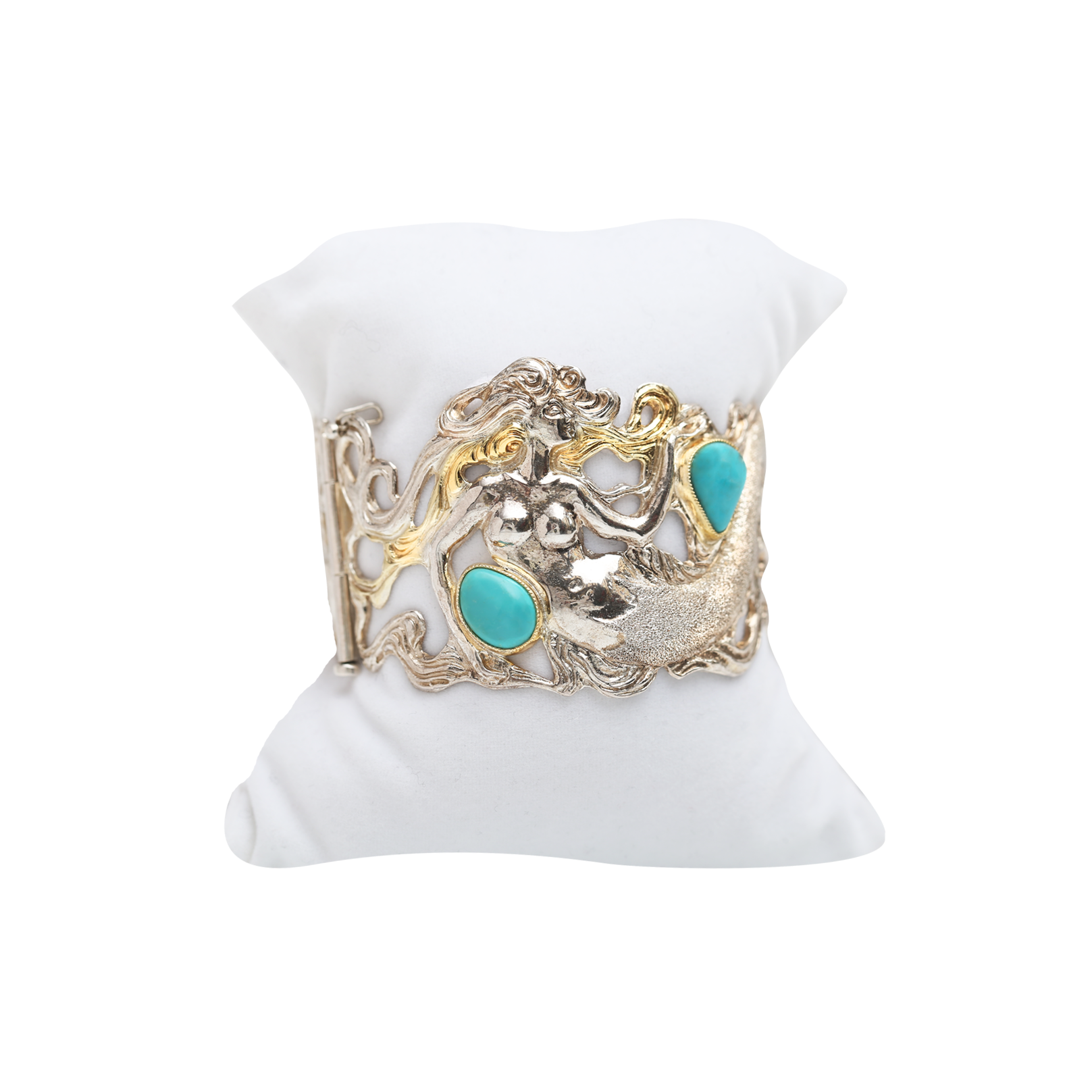 Decorative bracelet with turquoise stones on a white stand