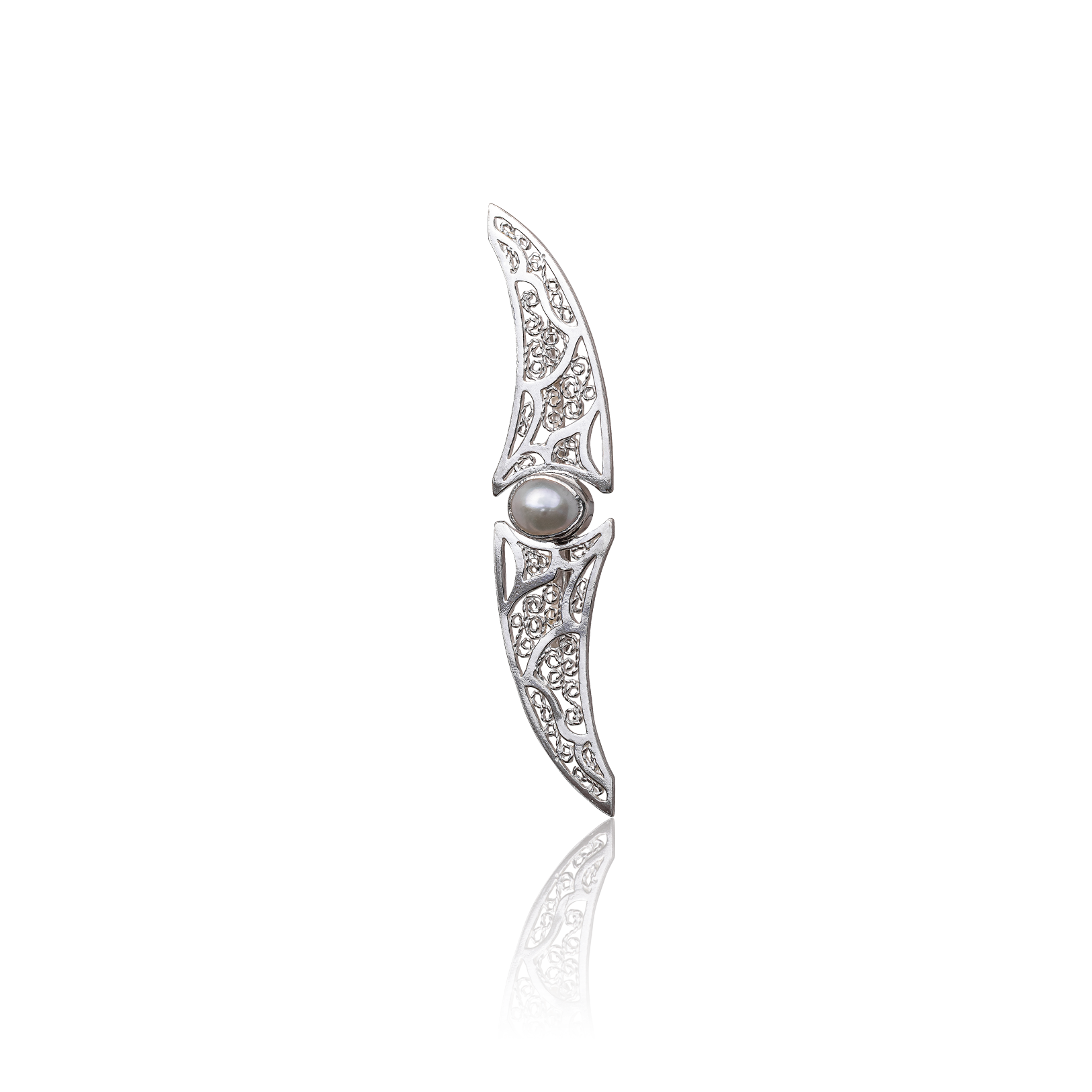Sterling silver brooch featuring elongated filigree crescent forms with a central pearl in an elegant openwork design.