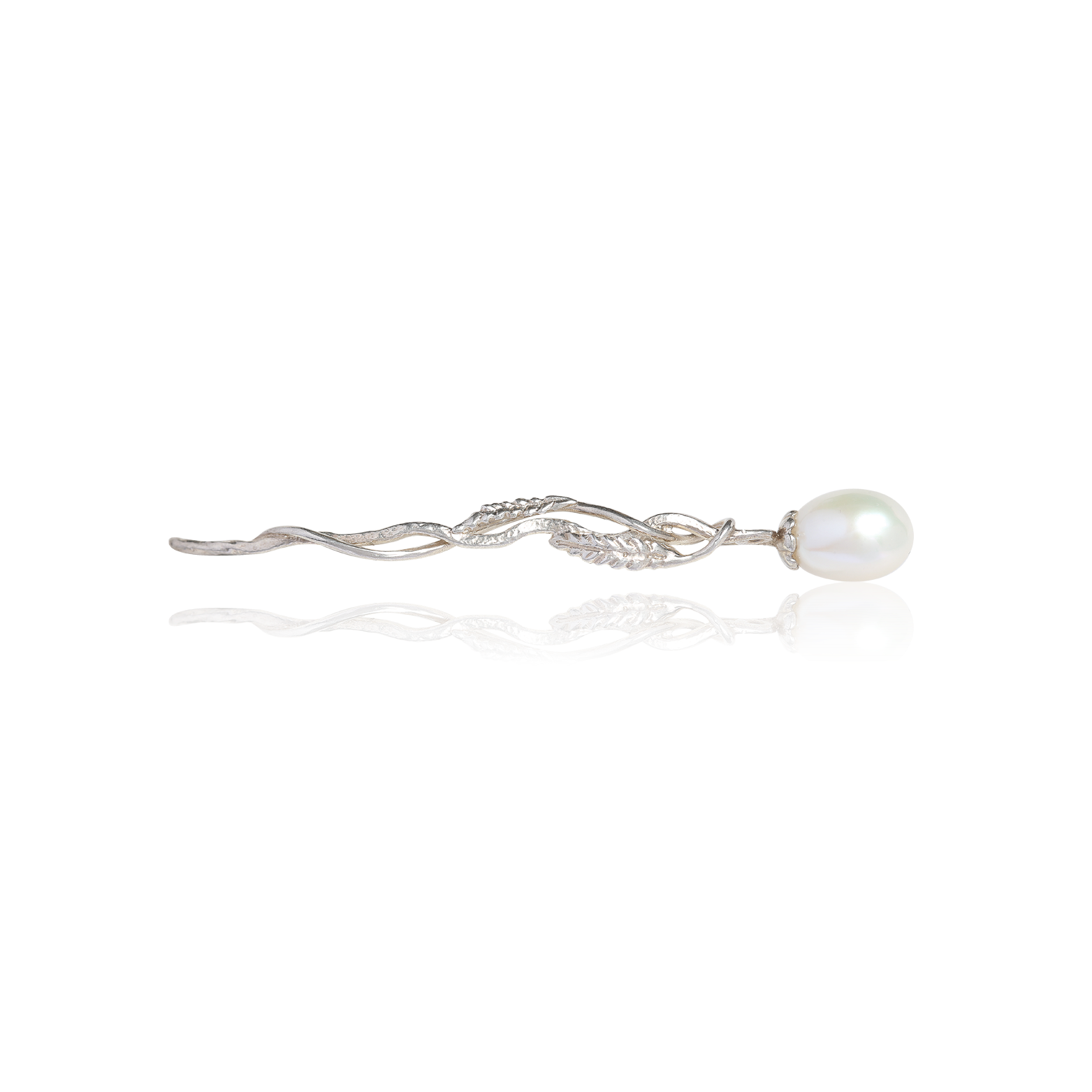 Sterling silver brooch featuring intertwined organic branches with pearl accents in an elegant sculptural openwork design.