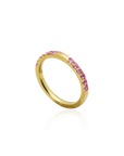Gold ring with pink gemstones on a white background