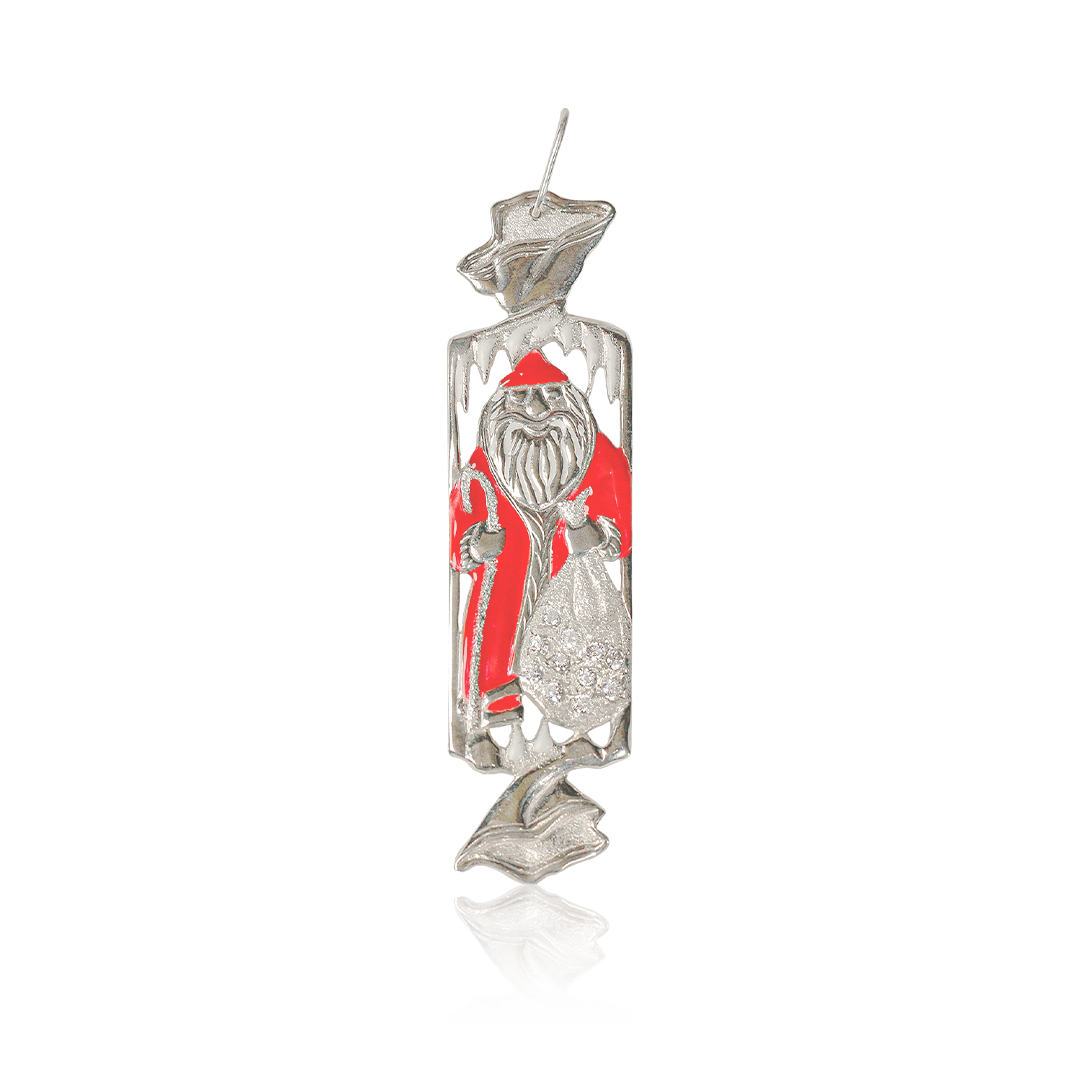  Sterling silver Christmas ornament featuring a sculptural red Santa Claus figure with red enamel accents and handcrafted decorative detailing.