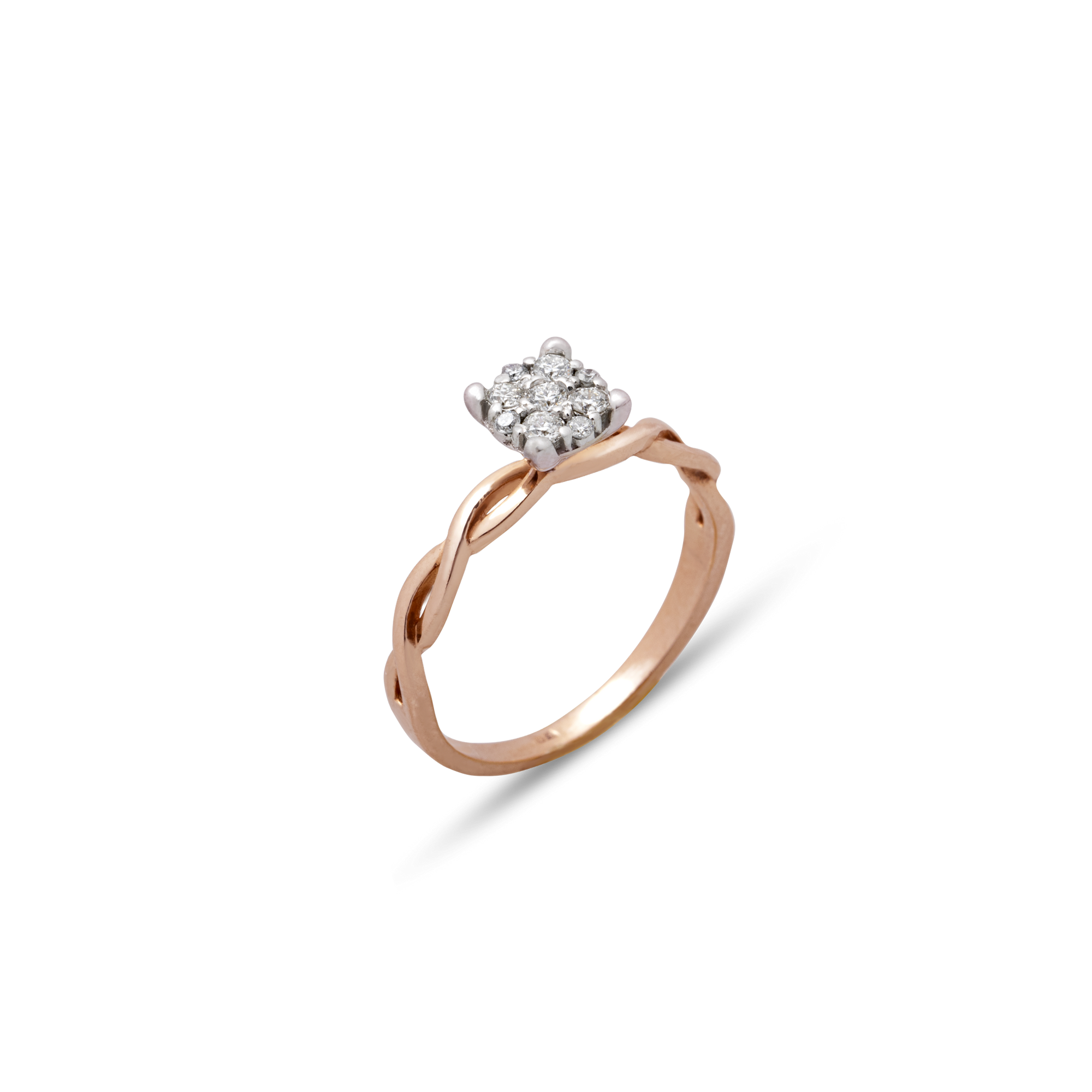 Rose gold ring with diamond cluster on a white background