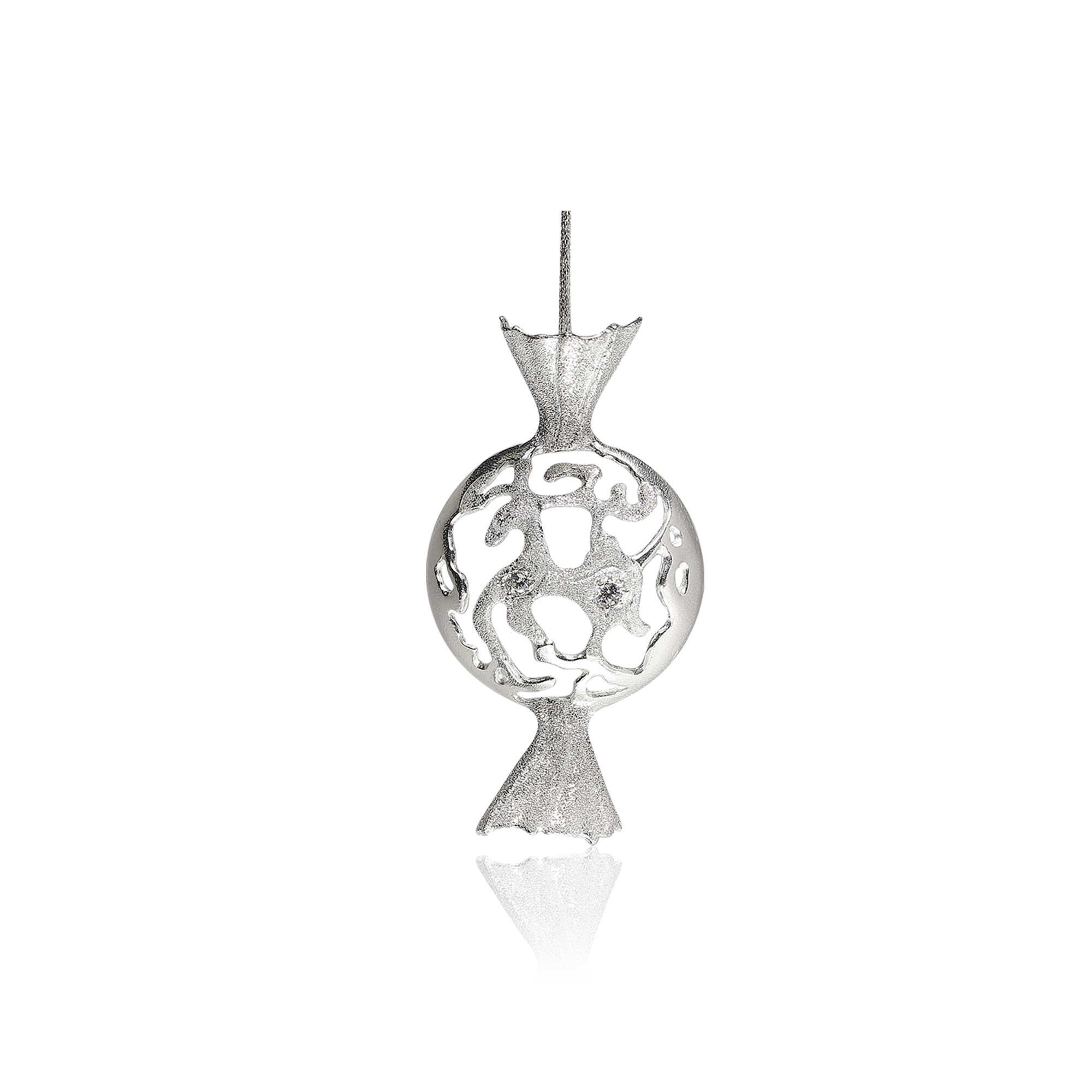 Sterling silver Christmas ornament shaped like a festive candy, featuring an openwork Rudolf the reindeer motif with sculptural holiday detailing.