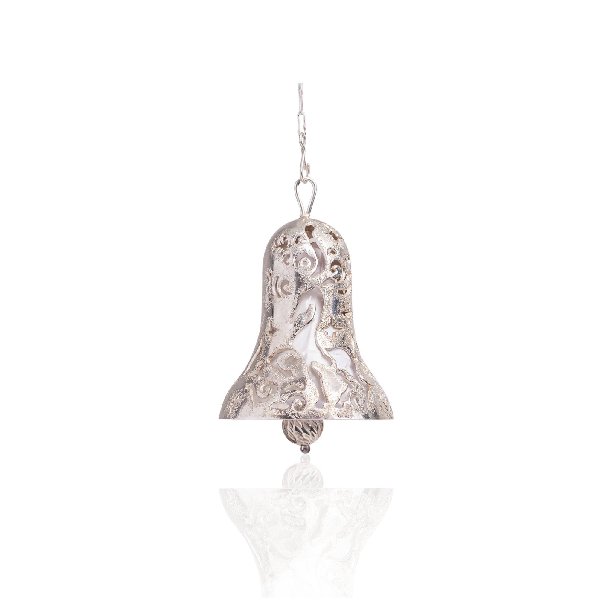 Sterling silver Christmas bell ornament featuring an ornamental reindeer motif with intricate festive openwork detailing.
