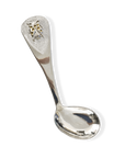 Silver spoon with decorative handle on a white background