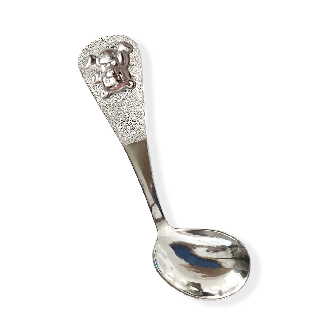 Silver spoon with decorative handle on a white background