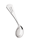 Silver spoon with engraved text on a white background