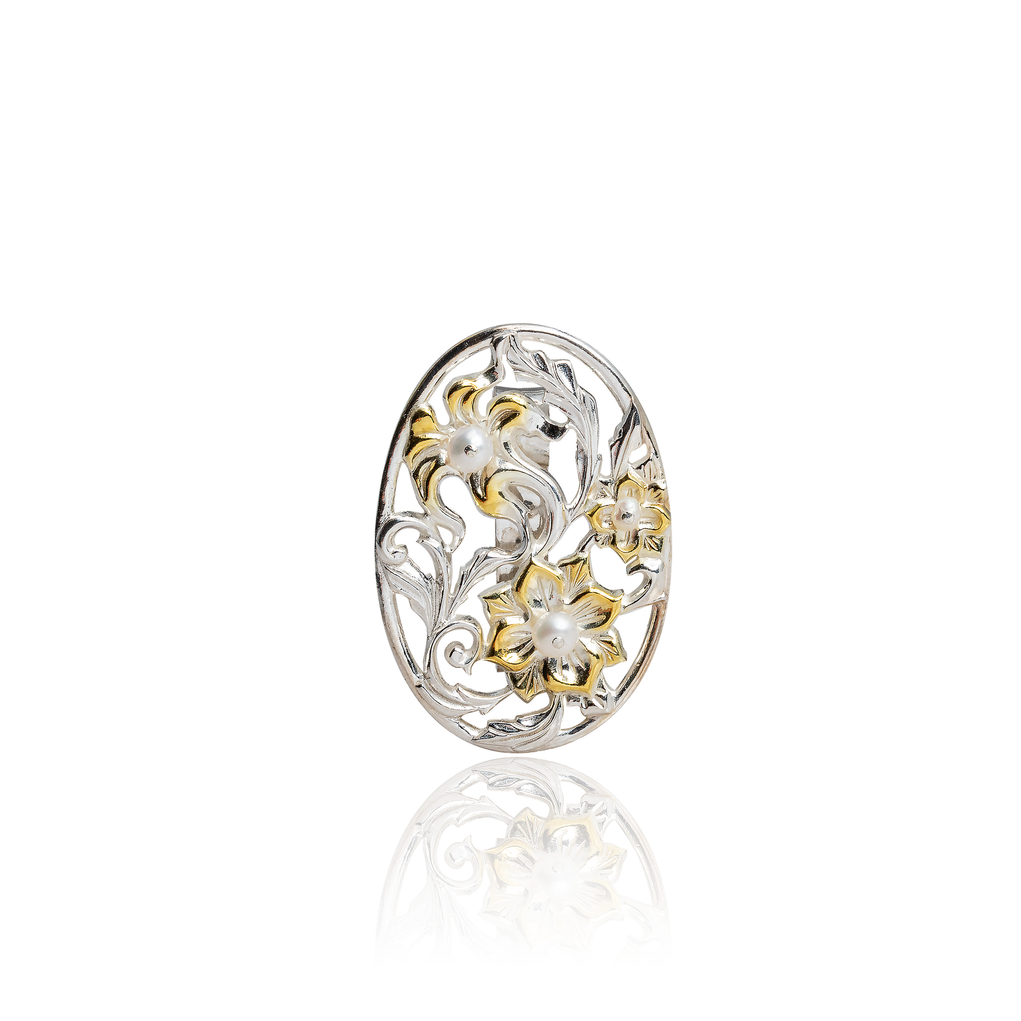 Sterling silver floral brooch with gold-plated flowers, flowing botanical details, and pearl accents in an elegant openwork design.