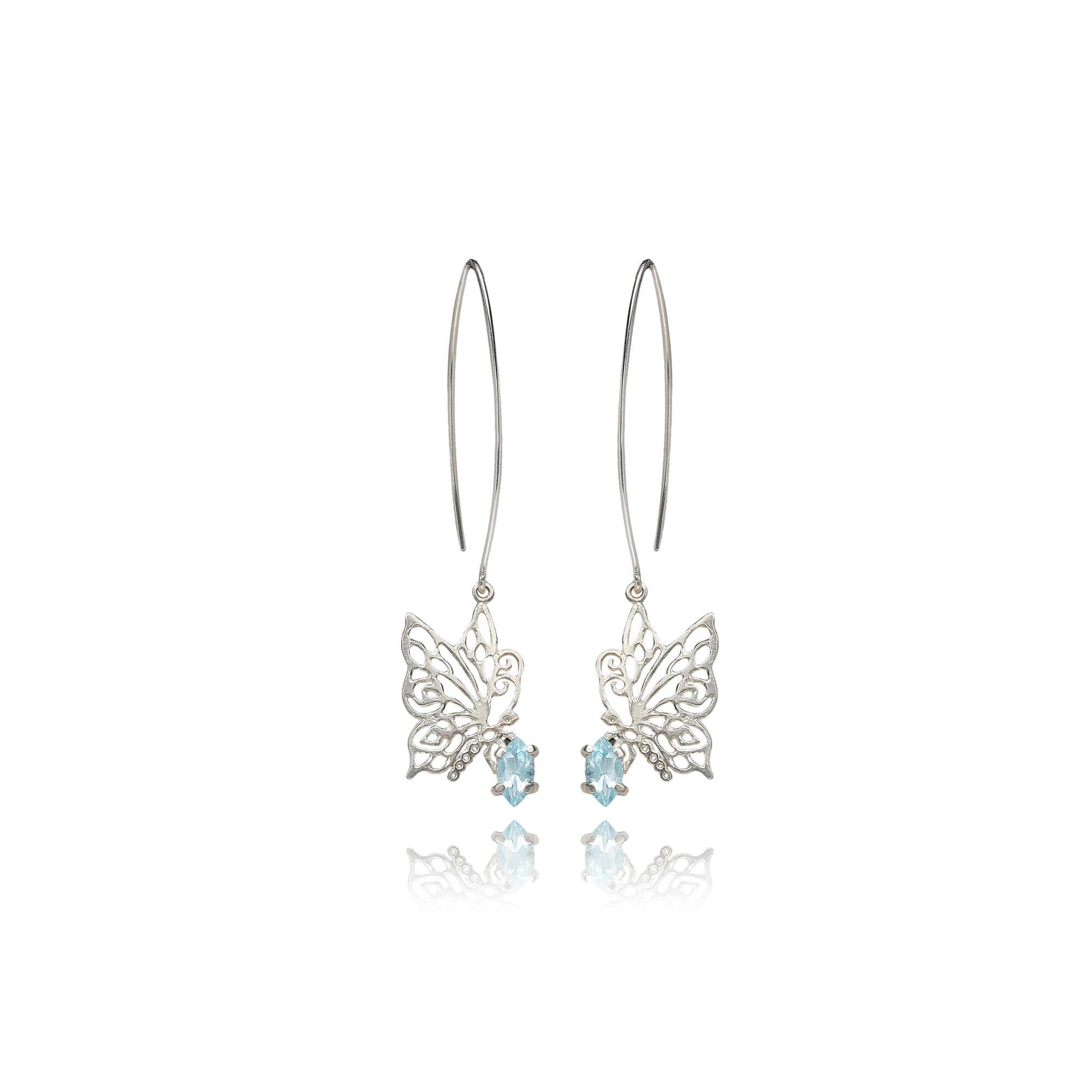 Butterfly earrings with blue gemstones on a white background