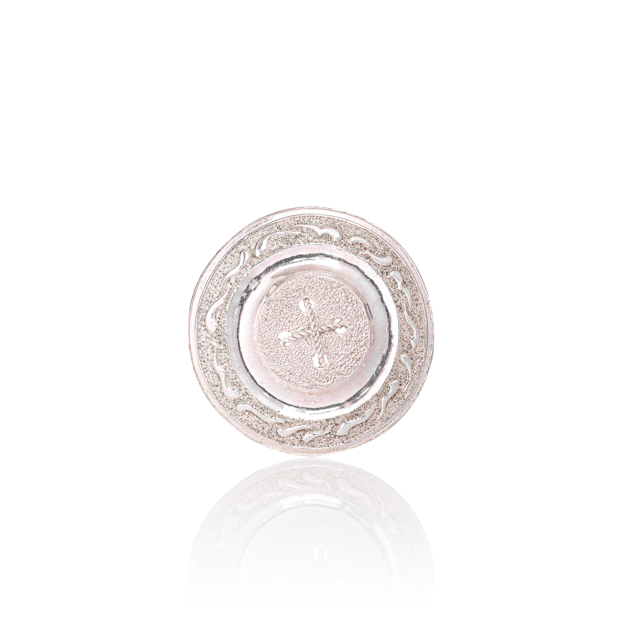 Sterling silver circular scarf holder brooch with textured detailing and button-inspired design for elegant scarf styling.