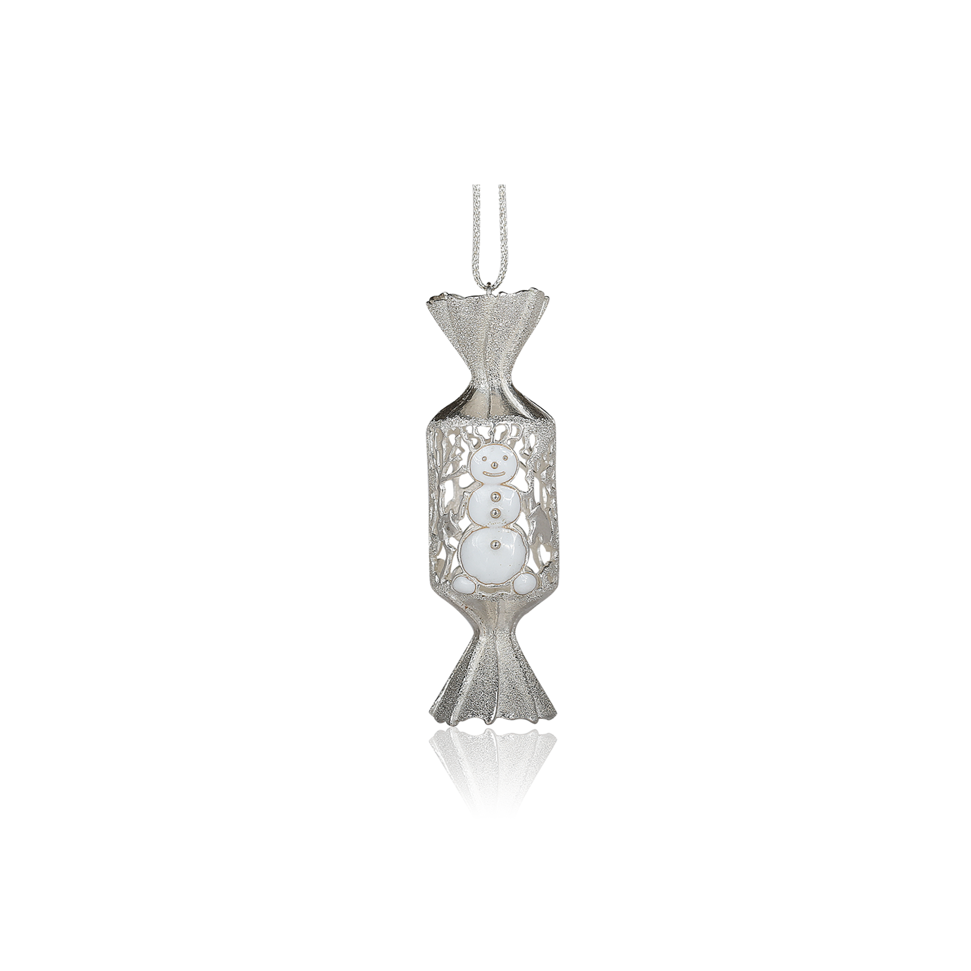 Decorative silver hanging ornament with a snowman design on a white background