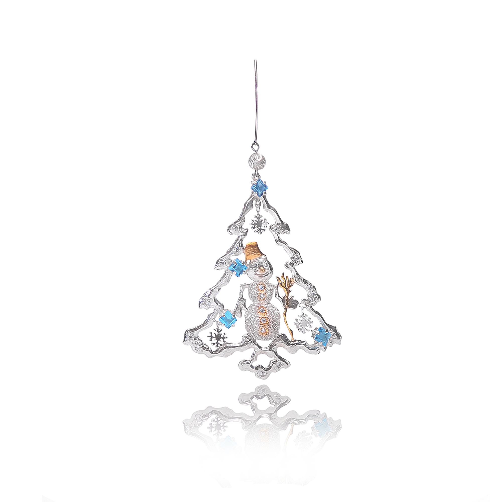 Decorative Christmas tree ornament with a snowman design on a white background