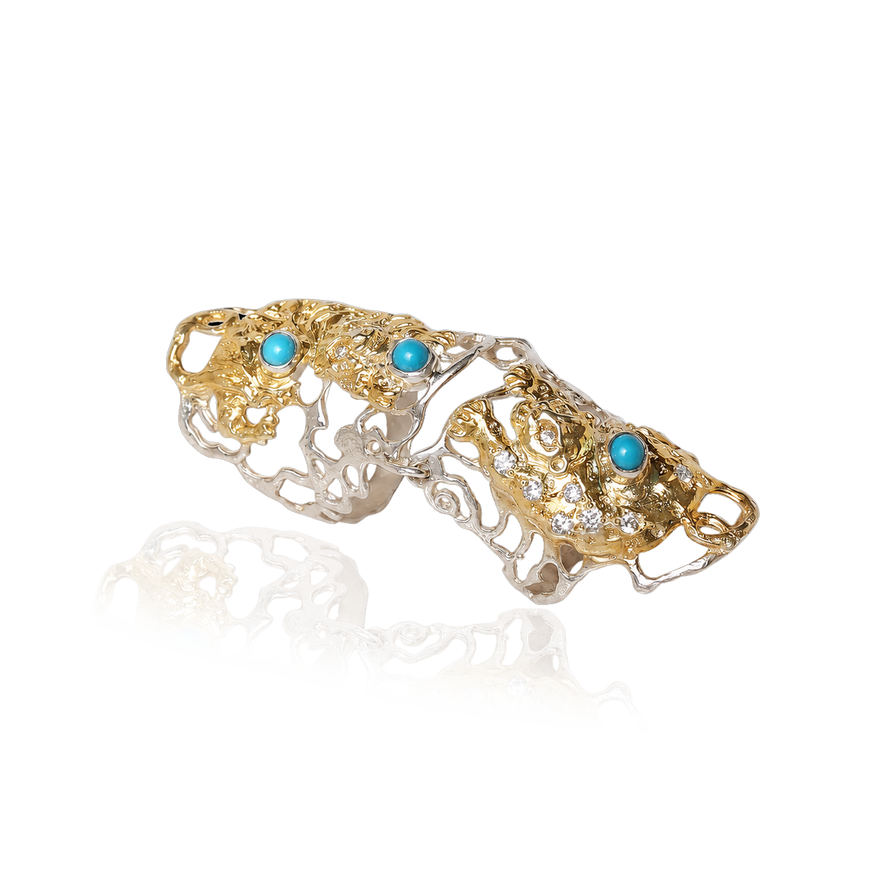 Gold and silver armour ring with turquoise stones on a white background
