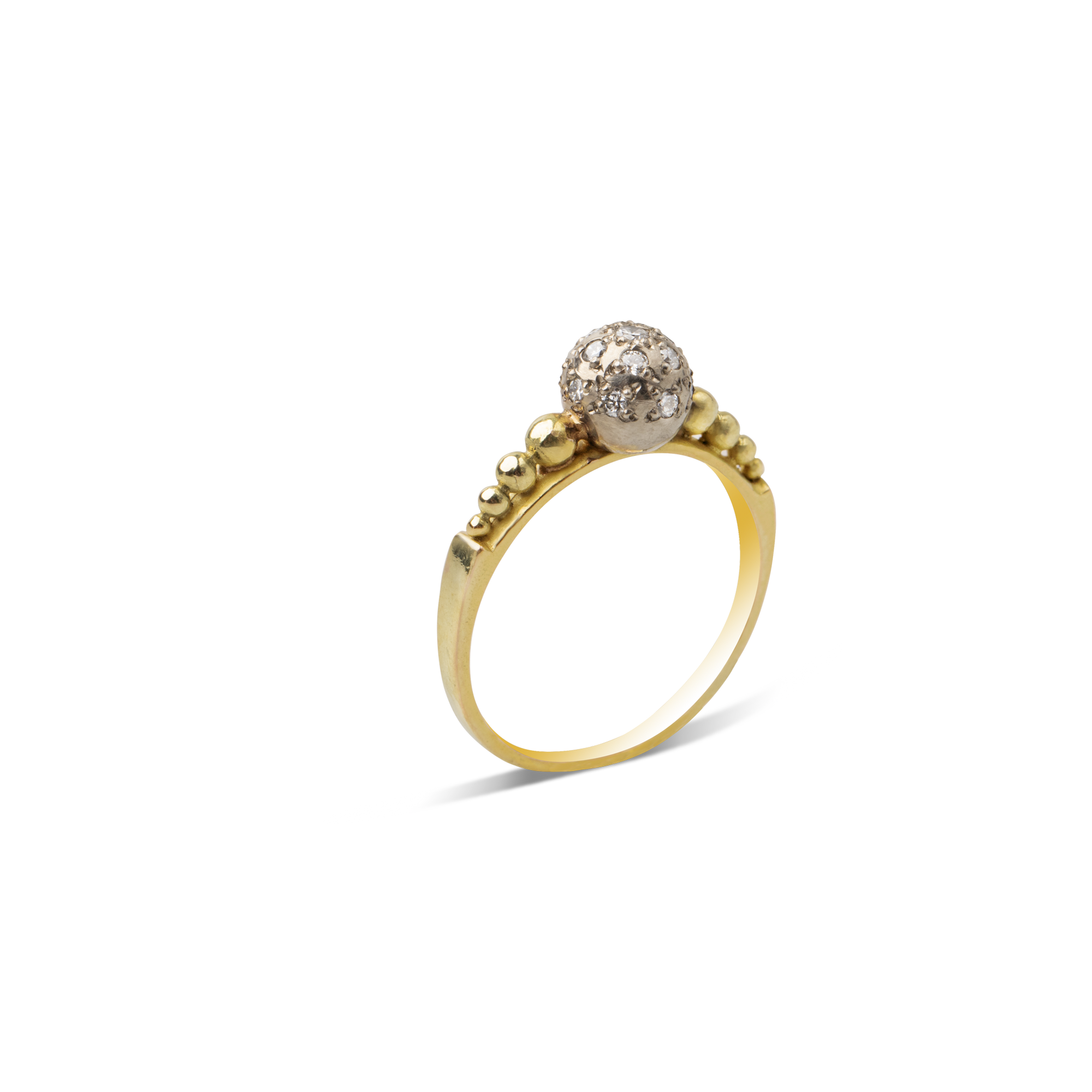 Gold ring with a decorative ball on a white background