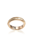 Gold ring with a textured band on a white background