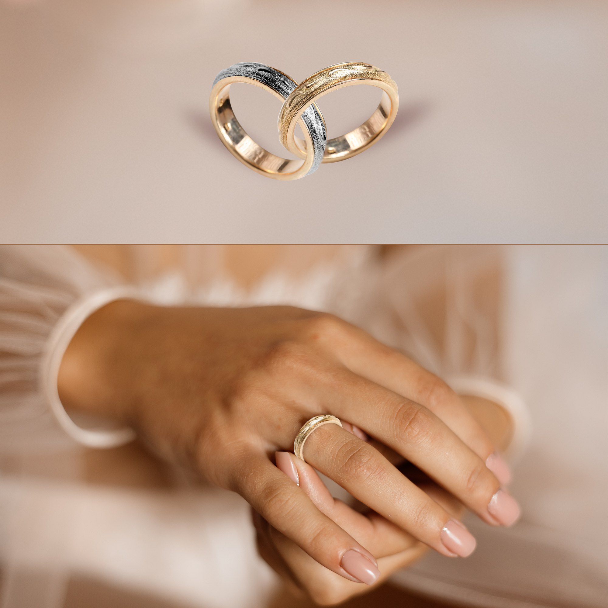 Two gold rings with a blurred hand wearing one of them on a soft beige background