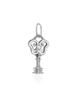 Silver key-shaped pendant with decorative elements on a white background