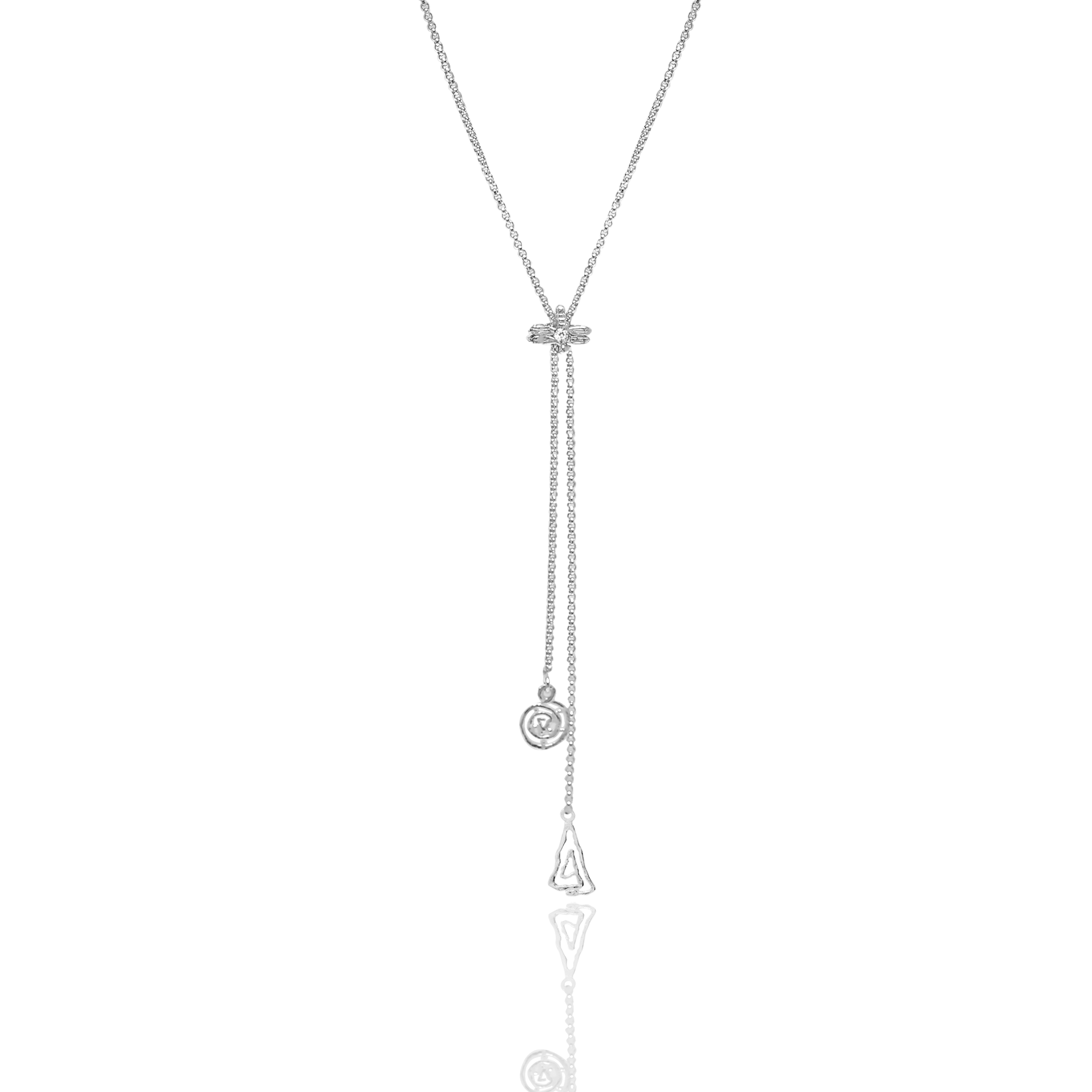 white gold necklace with a y-style clasp and dangling charms on a white background