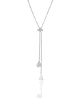 white gold necklace with a y-style clasp and dangling charms on a white background