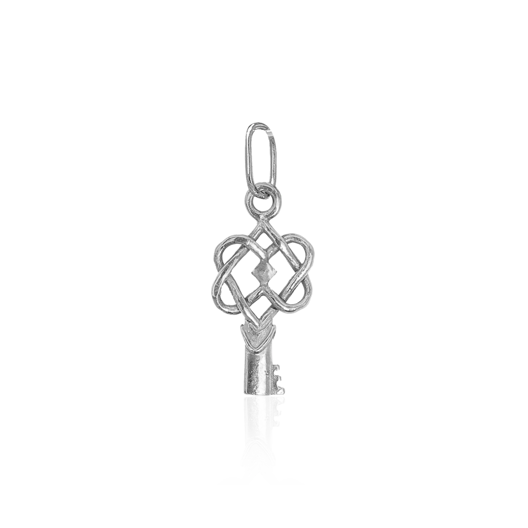 Silver key-shaped pendant with intricate design on a white background