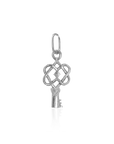 Silver key-shaped pendant with intricate design on a white background