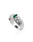 Silver ring with a green gemstone on a white background