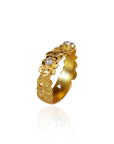Yellow gold ring with intricate floral design and white pearls, side view of Mille Fleurs collection by Marilisi Jewelry House