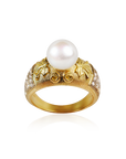 Artisan yellow gold ring with luminous white pearl and intricate grapevine design, handcrafted by Marilisi Jewelry House for jewelry connoisseurs and collectors